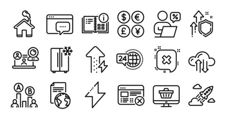 Energy growing, Instruction info and Video conference line icons set. Secure shield and Money currency exchange. Reject, 24h service and Refrigerator icons. Vector