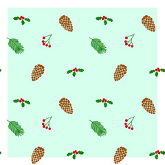 
Christmas pattern with Christmas tree branches, cones. Colored. You can change the pattern color and background color.