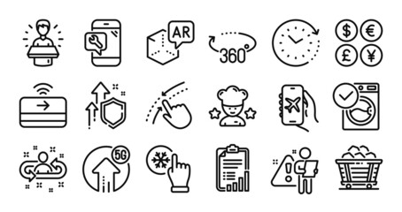 Time change, Washing machine and 360 degrees line icons set. Secure shield and Money currency exchange. Swipe up, Phone repair and Checklist icons. Vector