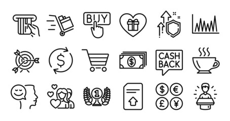 Buying, Push cart and Market sale line icons set. Secure shield and Money currency exchange. Laureate award, Target and Romantic gift icons. Credit card, Coffee and Couple signs. Vector