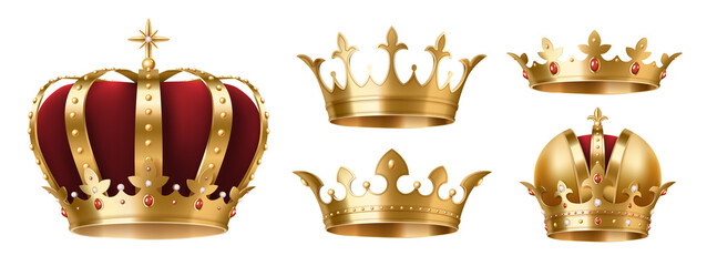 Realistic gold crowns set. Crowning headdress for king, queen. Royal golden noble aristocrat jewels © Iryna Petrenko