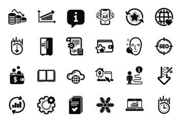 Vector Set of Technology icons related to Book, Loyalty program and Work home icons. Cogwheel, Face search and Settings blueprint signs. Cloud computing, Low percent and Update data. Seo. Vector