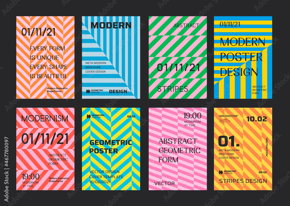 Poster set of minimal stripped geometric patter covers. collection of abstract swiss design posters.