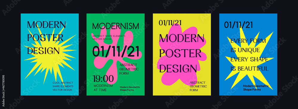 Poster Set Of Abstract Modern Geometric Placards. Cool Bright Shape Elements Vector Design.