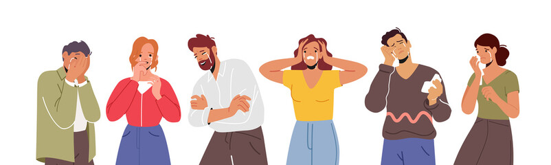 Sad People Crying, Feel Grief. Desperate Male and Female Characters Waist-high Close Face with Hands, Wipe Tears