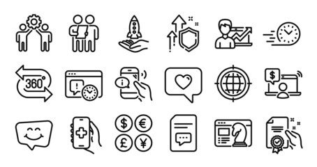 Love message, Project deadline and Online shopping line icons set. Secure shield and Money currency exchange. Crowdfunding, Seo internet and Fast delivery icons. Vector