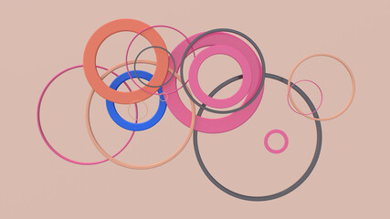 Group of colorful circle shapes. Beige background. Abstract illustration, 3d render.