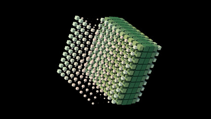 Green cubes morphing. Black background, technology concept. Abstract illustration, 3d render.