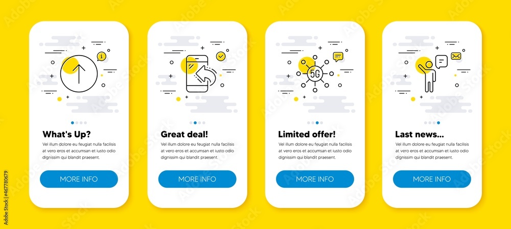 Poster vector set of incoming call, 5g technology and swipe up line icons set. ui phone app screens with li