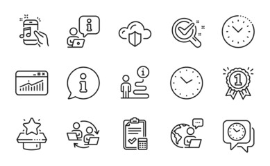 Education icons set. Included icon as Teamwork process, Chemistry lab, Outsource work signs. Music phone, Website statistics, Reward symbols. Time, Accounting checklist, Time management. Vector