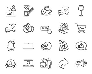 Vector set of Stats, Strategy and Lightning bolt line icons set. Feedback, Coffee-berry beans and Laptop icons. Coupons, Dishwasher timer and Mint tea signs. Stats web symbol. Vector