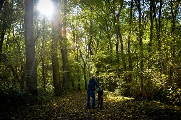 Fototapeta premium Mann mit dem Rad im Wald
