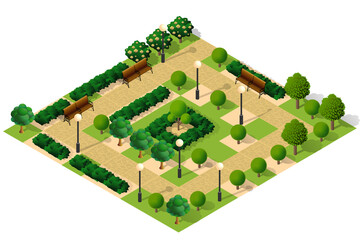 City quarter top view landscape isometric 3D illustration with trees with park