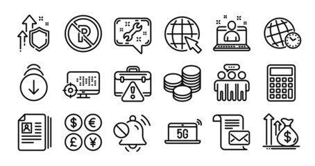 Cv documents, Employees group and Tips line icons set. Secure shield and Money currency exchange. Budget, No parking and 5g notebook icons. Spanner, Scroll down and Internet signs. Vector