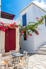 Fototapeta na wymiar Traditional houses and colourful bougainvillaeas at Tinos island.