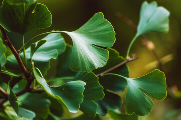 Close-up on Ginkgo Biloba green fresh leaves. Autumn concept background. Healing plant, alternative chinese medicine
