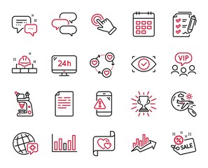Vector Set of Business icons related to Document, Biometric eye and World medicine icons. Talk bubble, Search flight and Vip clients signs. Sale, Friends community and Survey checklist. Vector