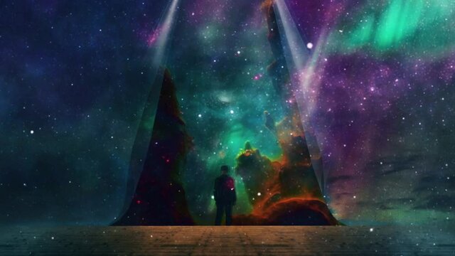 Man reveal galaxy. Surreal landscape