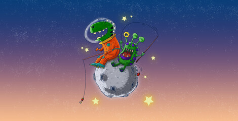 Happy dino fishing in the moon with an alien