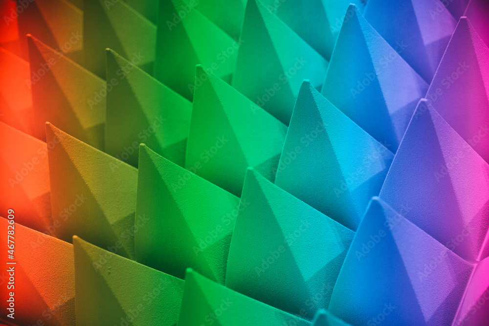 Poster volumetric structure of pyramidal protrusions in perspective of spectral colors blurred image , 3d r