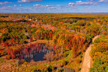 aerial image of a fall lake

