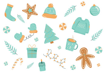 Christmas vector set - christmas tree, winter hat, mittens, biscuits, cup, sweater, gift