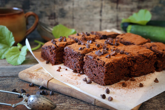 Chocolate Zucchini brownie with chocolate chips, cocoa  powder dressing