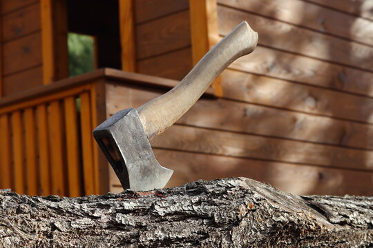 Siekiera wbita w pień. An ax stuck in a stump.