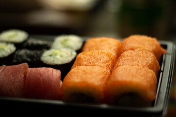 Sushi with salmon. Asian cuisine. Seafood from the restaurant.