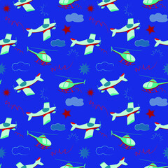 boy child seamless pattern with airplane and helicopter