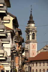 Baroque church tower and street view of Omegna, Piedmont