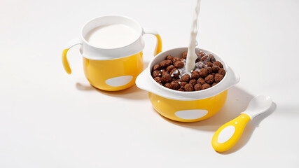 Pours milk into a children's bowl with ready-made breakfast