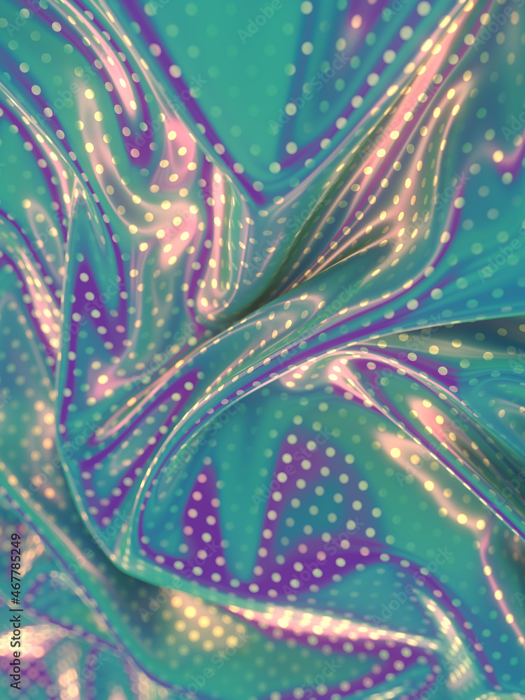 Poster iridescent wavy fabric with polka dot geometric pattern. modern concept art. 3d rendering digital il