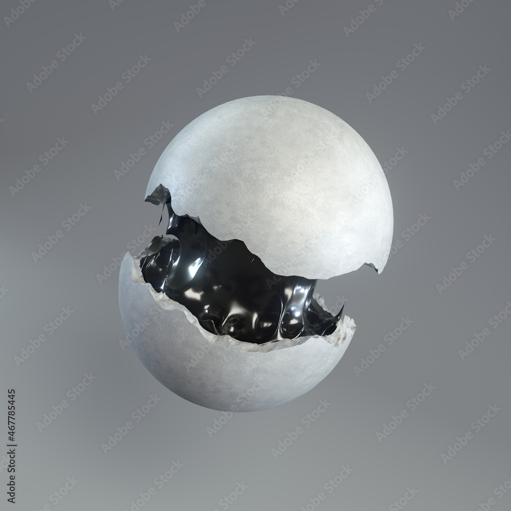 Poster separating two halves of a stone sphere glued with black chewing gum. modern design. 3d rendering di