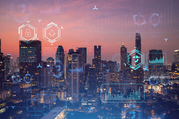 Glowing hologram of technological process, aerial panoramic cityscape of Bangkok at sunset. The largest innovative hub of tech services in Southeast Asia. Multi exposure.