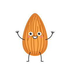 Almond nut cute cartoon character hand greeting smiling face happy emotions beautiful vector illustration.