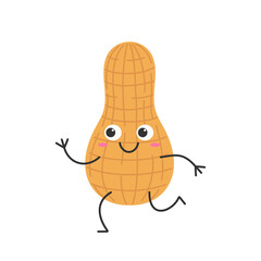 Peanut cute cartoon character running smiling face happy emotions beautiful nut vector illustration.