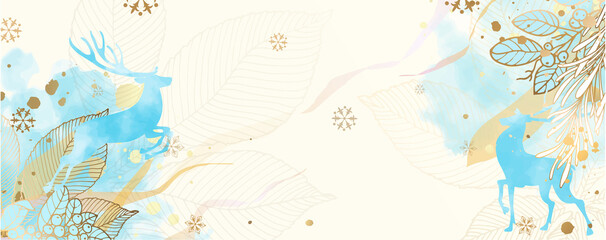 Luxury gold floral, winter wallpaper with deer. Floral and botanical hand drawing of berries and leaves. Abstract art for wallpapers, walls, covers, wedding and invitation cards.
