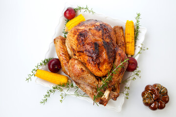 Traditional Fall Roasted Turkey on White With Pumpkin