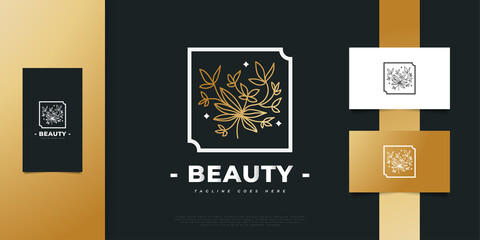 Fototapeta premium Luxurious and Elegant Floral Logo in Gold Gradient with Hand Drawn Style for Beauty, Jewelry, Florist, Fashion and Spa Industries