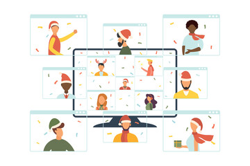 Fototapeta na wymiar Internet party, meeting with friends. People celebrate Christmas and New Year together in quarantine. Vector illustration.