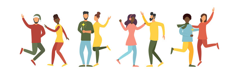 Celebrating Christmas. Christmas tree with decorations and gifts. Friends are having fun. People wish a happy new year. Vector