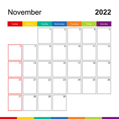 November 2022 colorful wall calendar, week starts on Sunday.