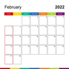 February 2022 colorful wall calendar, week starts on Sunday.