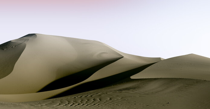 Pale green dunes and bright sky. Desert dunes landscape with contrast skies. Minimal abstract background. 3d rendering