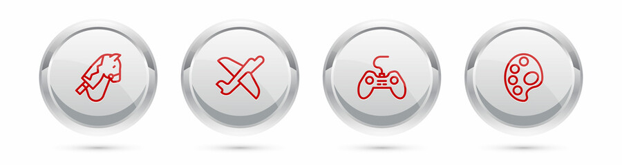Set line Toy horse, plane, Gamepad and Palette. Silver circle button. Vector