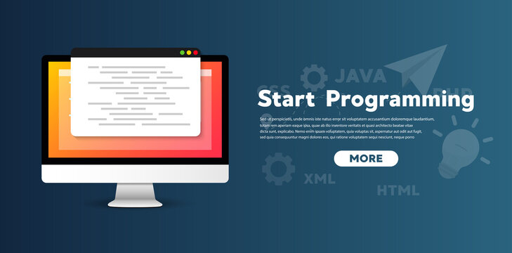 Programming courses and coding on computer. Vector flat illustration.