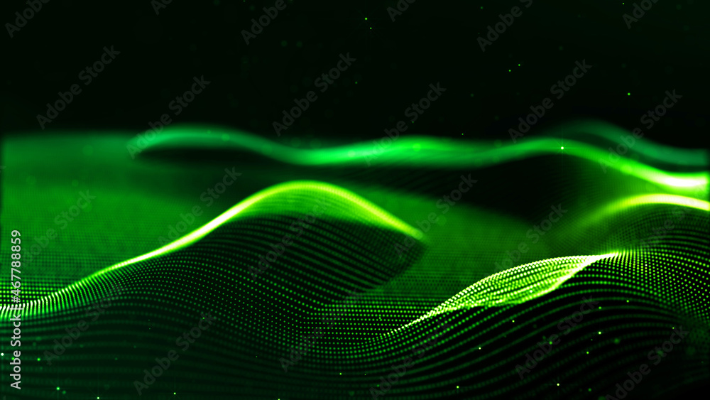Poster abstract sci-fi background with glow particles form curved lines, surfaces, hologram structures or v