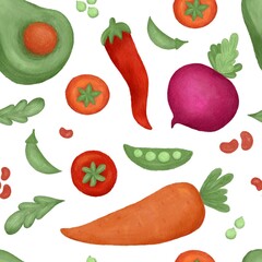 Seamless pattern with vegetable illustrations on white  background.  Vegetarian healthy food. Avocado, tomatoes, beetroot, chili pepper, carrot, beans. Drawing for posters, menu, cards, background 