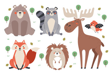 Forest animals characters bear raccoon fox elk bird hedgehog isolated flat cartoon vector set